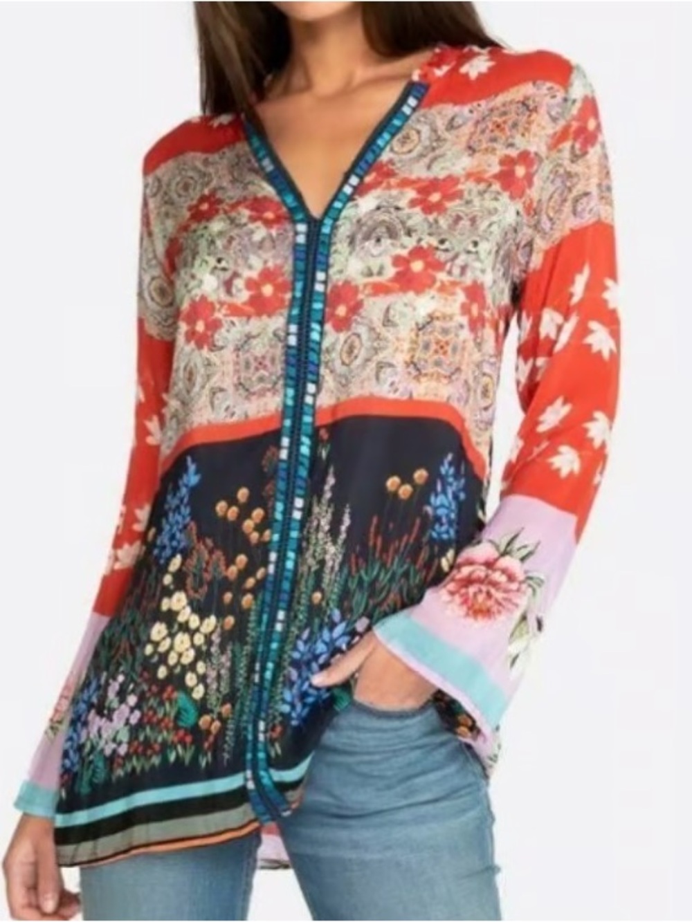 Johnny Was Mixed Floral-Print V-Neck